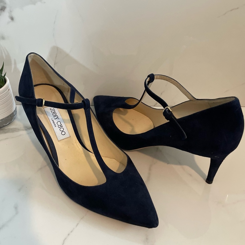 Jimmy Choo Navy Suede T-Strap Heels
